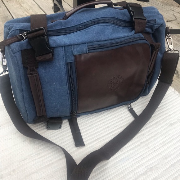 men s brief backpack convertible bag blue brown ec